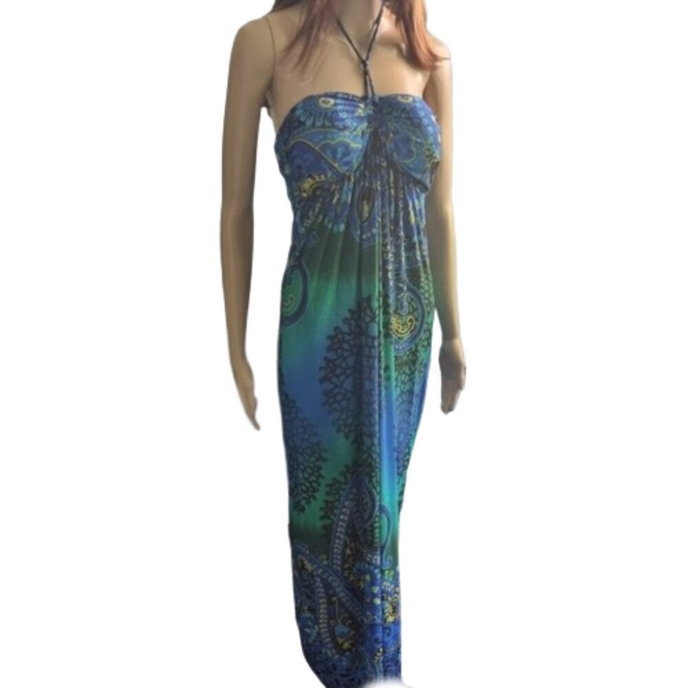 Moa Moa maxi dress blue green patterened tie front summer vacay Size L